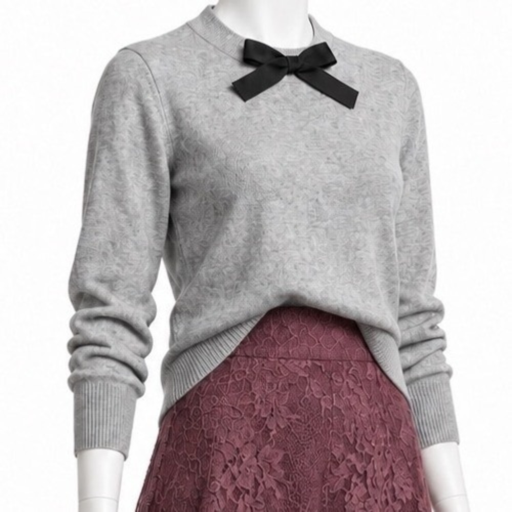 J.CREW MERCANTILE Coquette Bow Sweater | Merino Wool Cotton Blend Gray Black | M